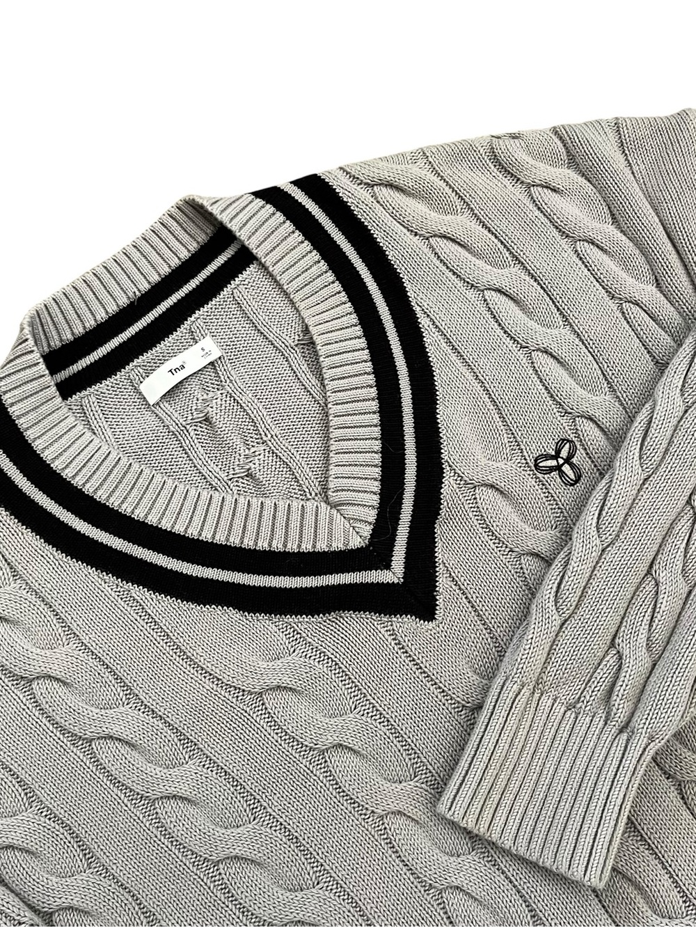 Aritzia TNA Clay Cable Knit Varsity V-Neck Sweater Gray Size S